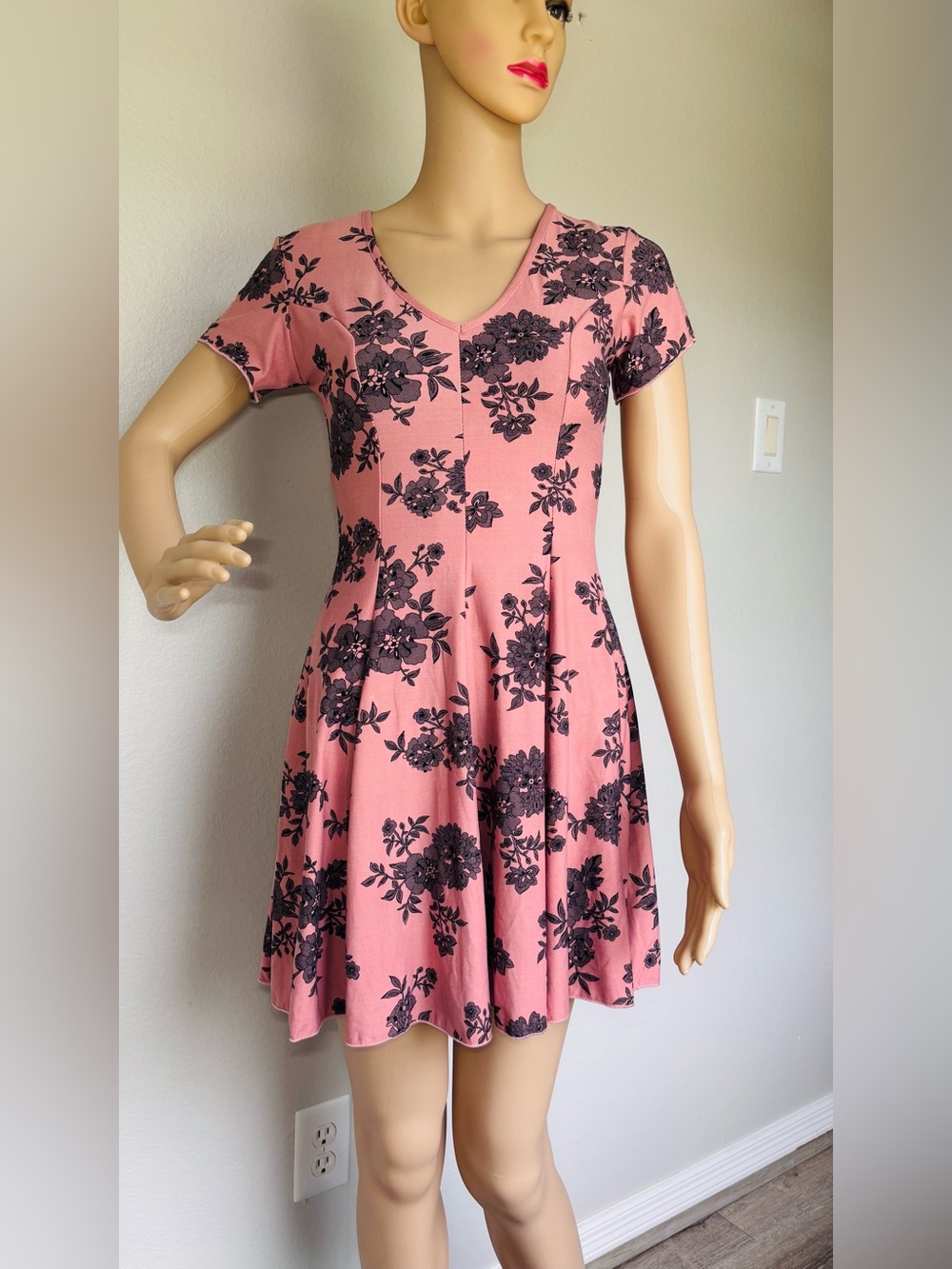 Banana Lemon Pink Floral V-Neck Fit & Flare Mini Dress - Picture 11 of 12